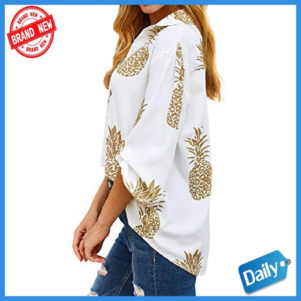 Women's Pineapple Print Lapel Collar Button Down … - image 3